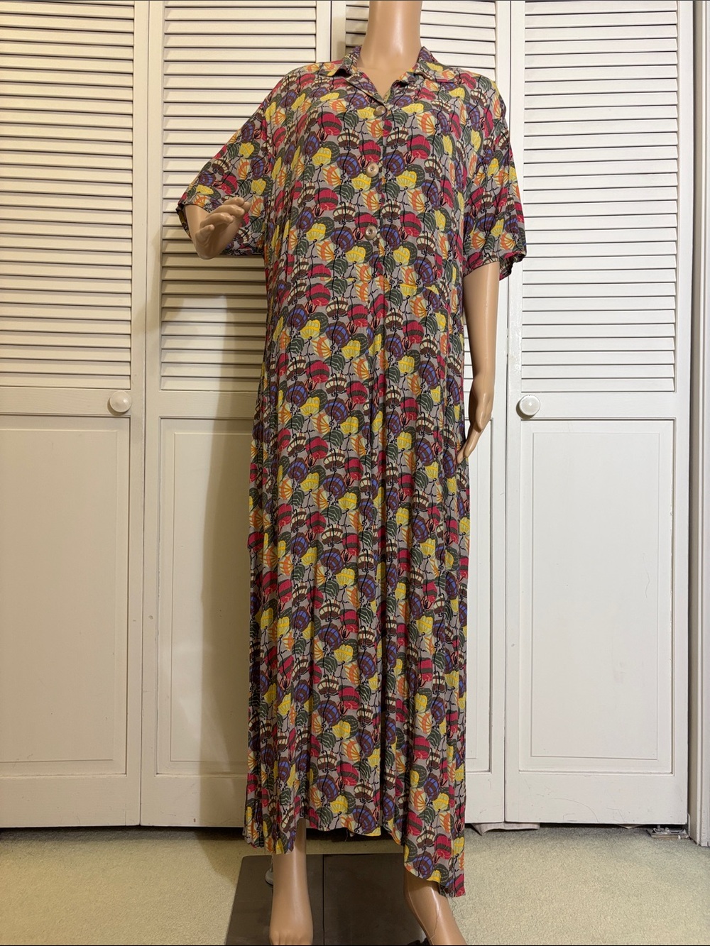 Vintage Flax Multicolor Print Short-Sleeves Button-Front Maxi Shirt Dress Large